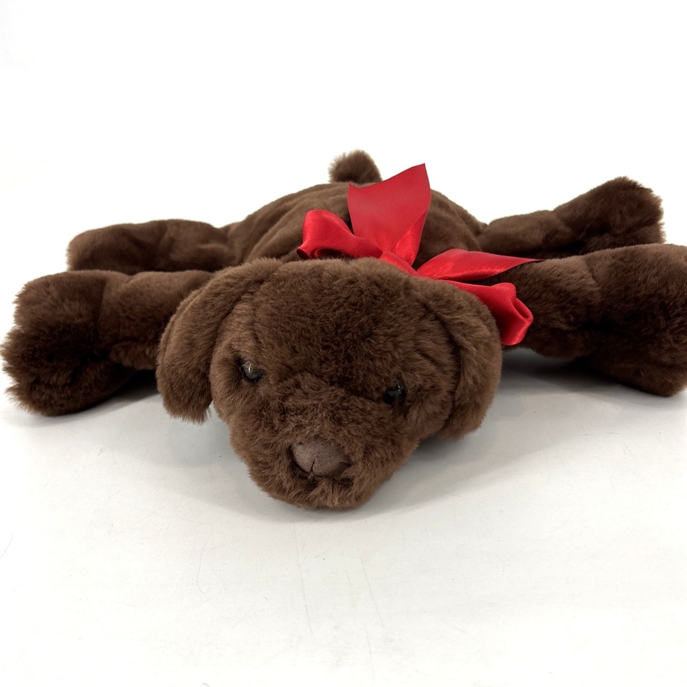Aurora Chocolate Brown Lab‎ Puppy Dog 10" Plush Laying Down Red Bow Leather Paws